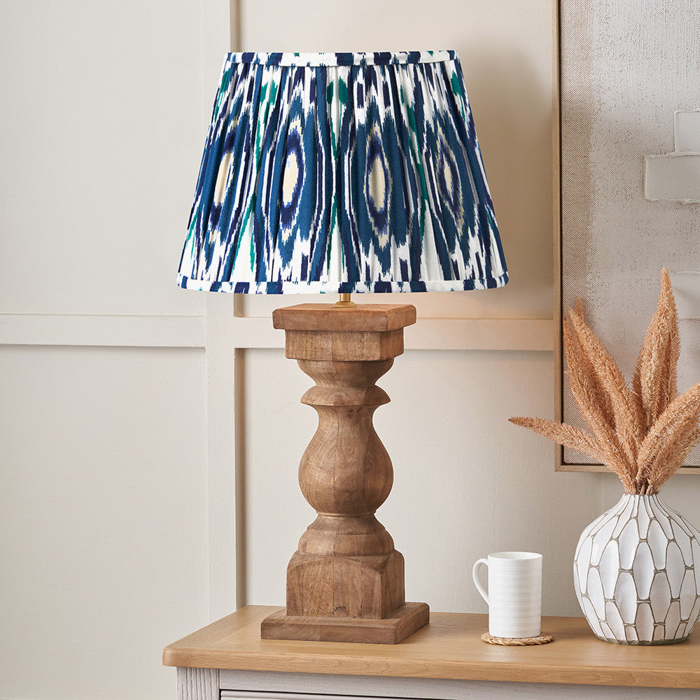 Kavya Antique Brown Turned Wood Table Lamp Base with Izara 45cm Ocean Blue Ikat Patterned Mushroom Pleat Tapered Lampshade