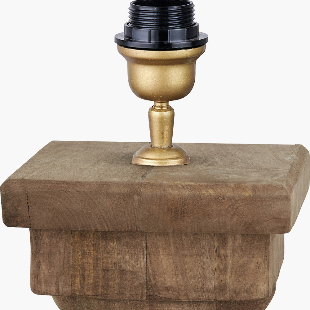 Kavya Antique Brown Turned Wood Table Lamp Base with Lino 45cm White Self Lined Linen Cylinder Lampshade