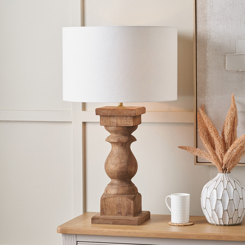 Kavya Antique Brown Turned Wood Table Lamp Base with Lino 45cm White Self Lined Linen Cylinder Lampshade