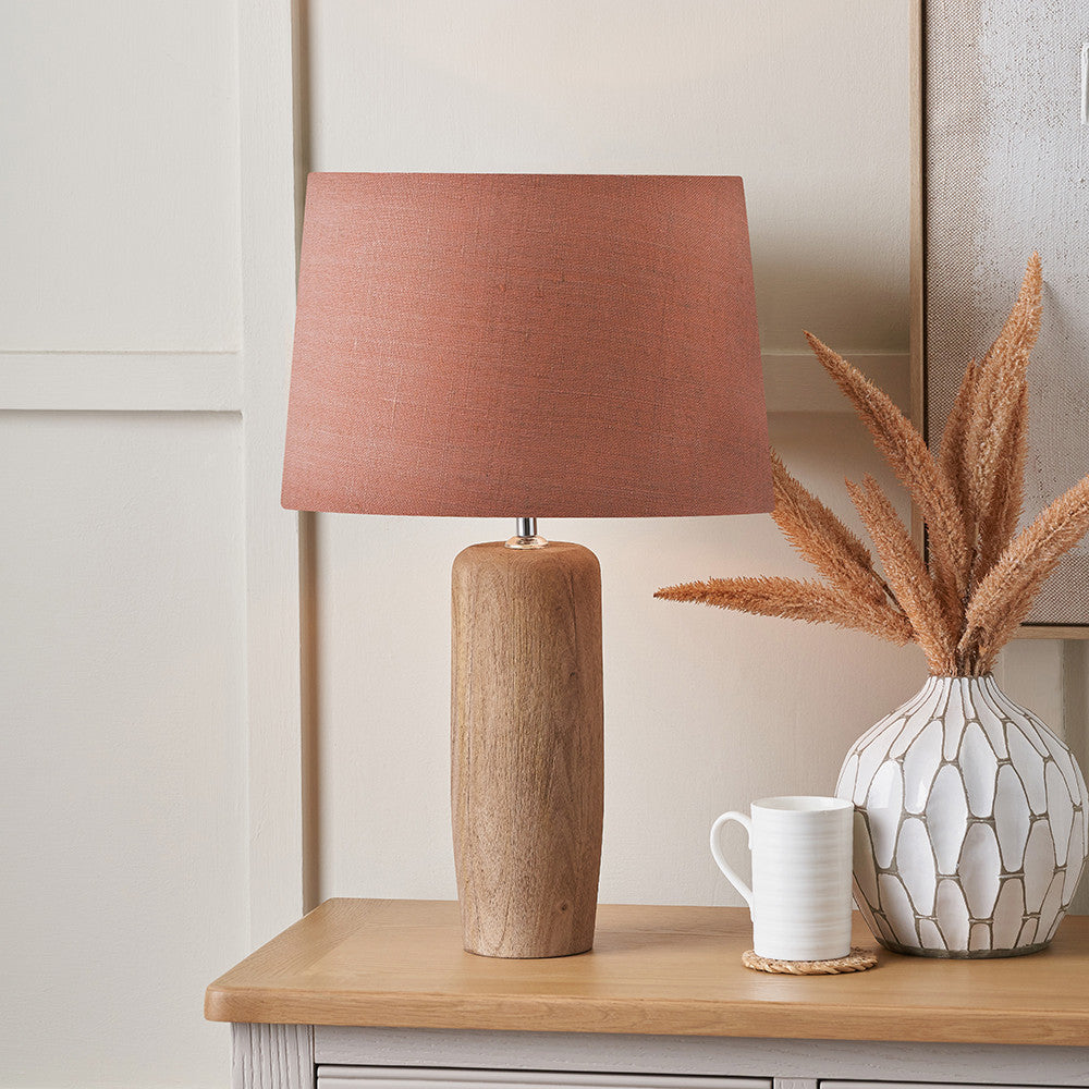 Inaya Natural Tapered Large Wood Table Lamp Base with Milos 40cm Apricot Linen Tapered Lampshade