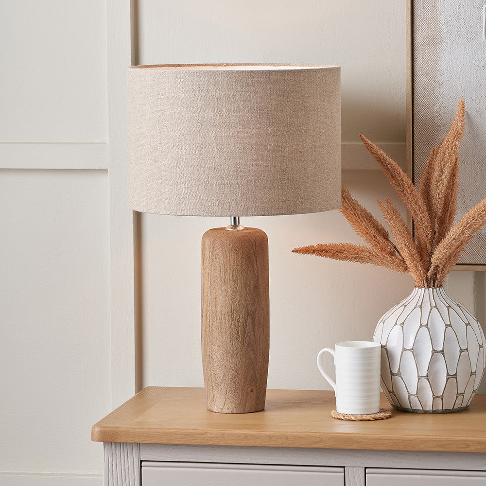 Inaya Natural Tapered Large Wood Table Lamp Base with Edward 40cm Natural Linen Cylinder Lampshade