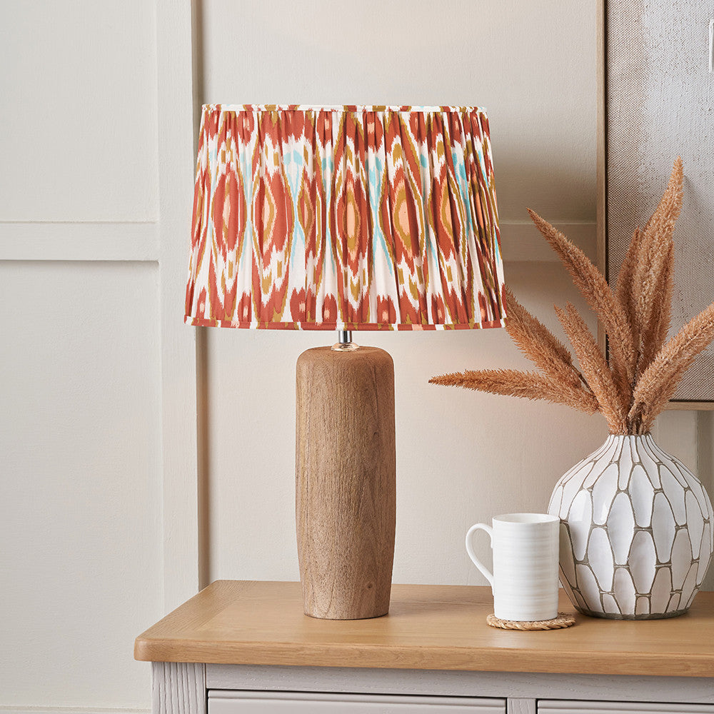 Inaya Natural Tapered Large Wood Table Lamp Base with Izara 40cm Cinnamon Ikat Patterned Mushroom Pleat Tapered Lampshade