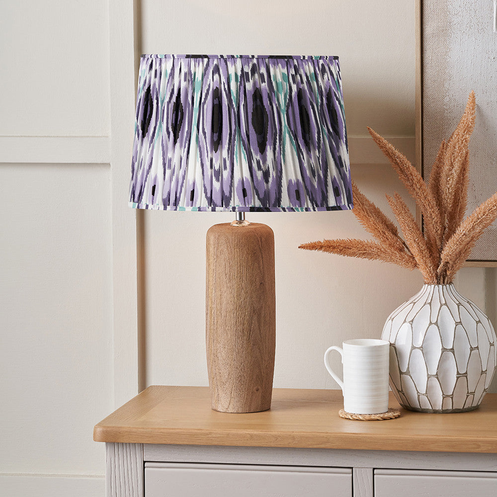 Inaya Natural Tapered Large Wood Table Lamp Base with Izara 40cm Lilac Ikat Patterned Mushroom Pleat Tapered Lampshade
