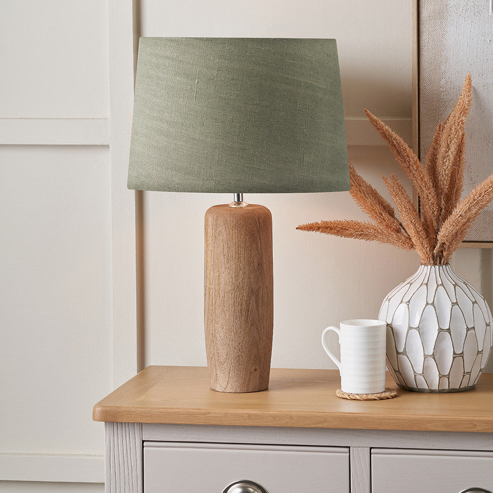 Inaya Natural Tapered Wood Table Lamp Base with Milos 35cm Pistachio Green Linen Tapered Lampshade