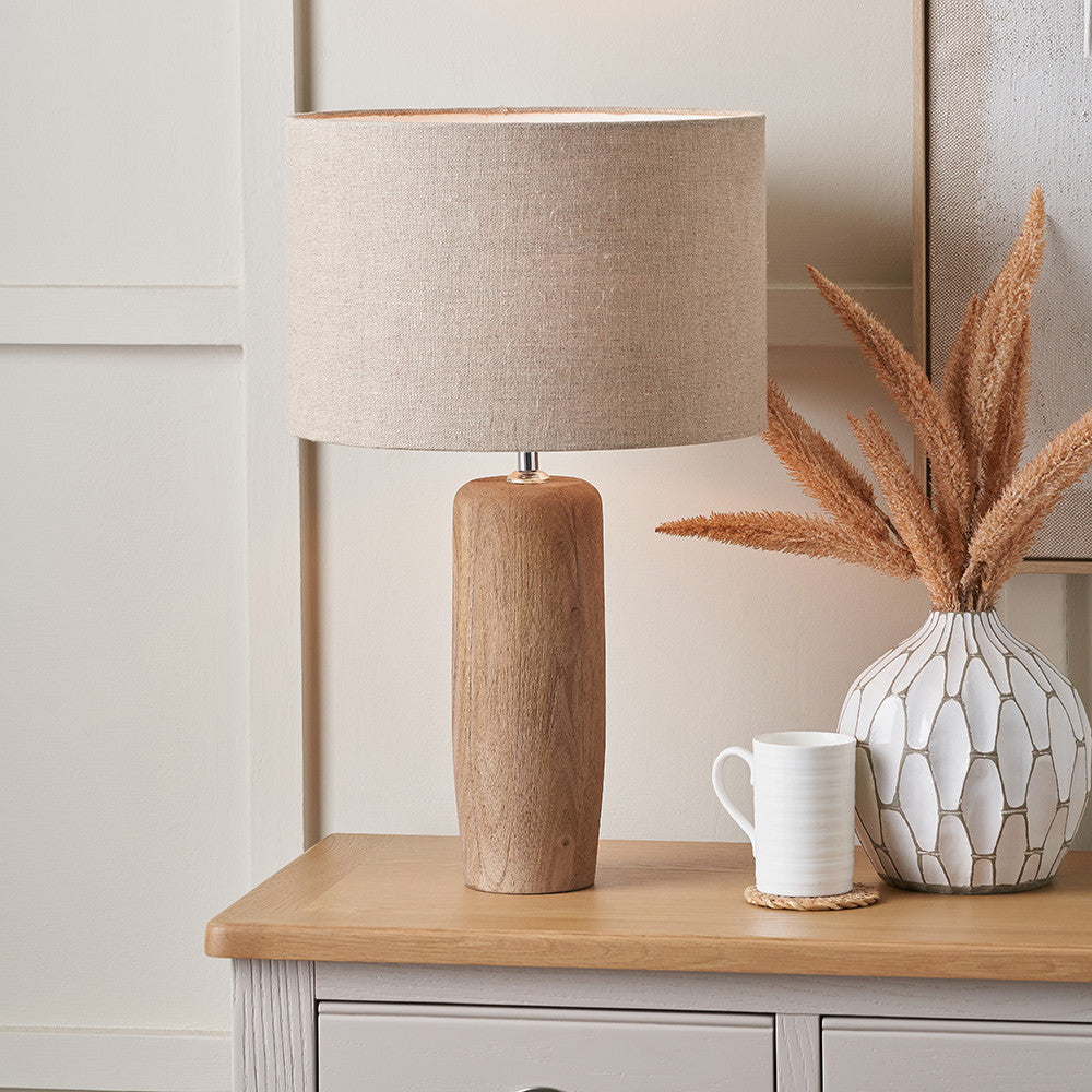Inaya Natural Tapered Wood Table Lamp Base with Edward 35cm Natural Linen Cylinder Lampshade
