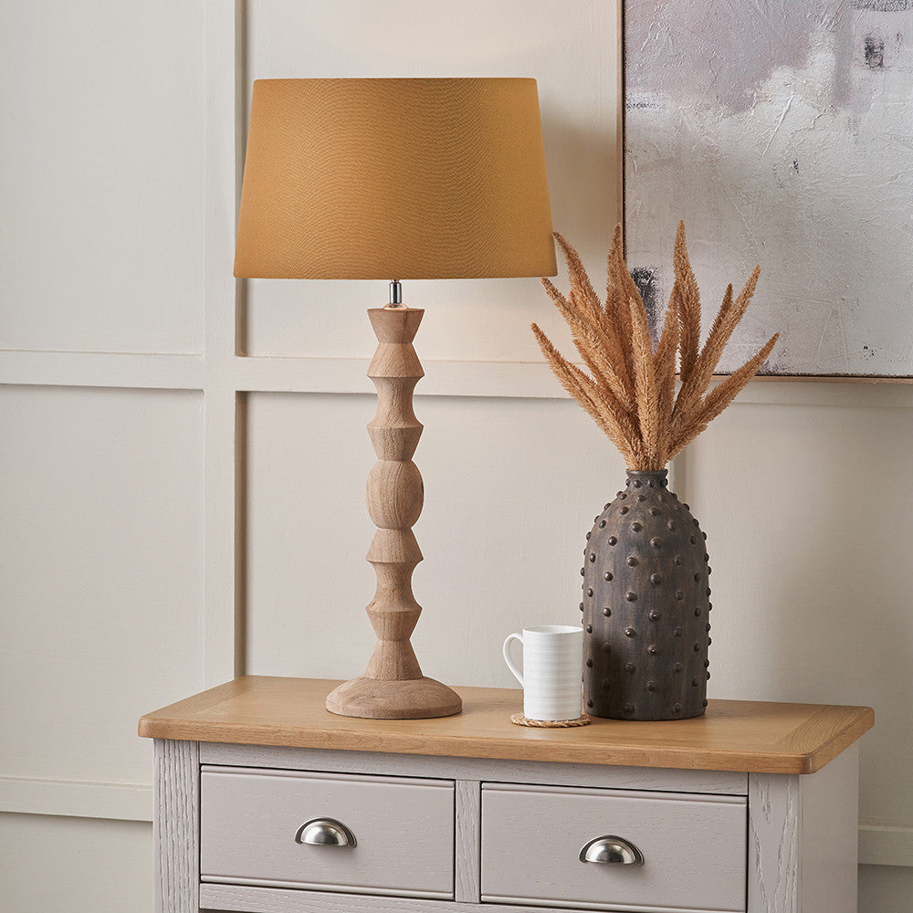 Ayra Natural Modernist Large Turned Wood Table Lamp Base with Winston 40cm Mustard Handloom Tapered Lampshade