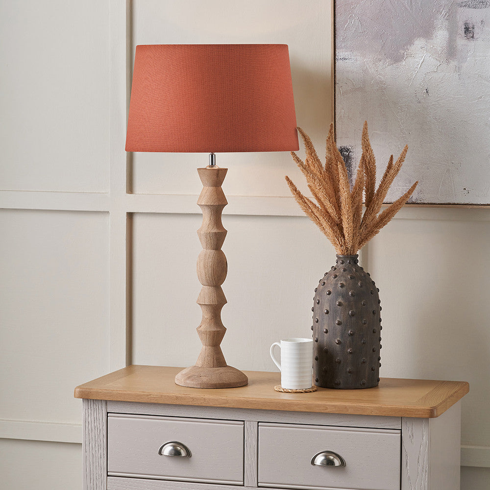 Ayra Natural Modernist Large Turned Wood Table Lamp Base with Winston 40cm Tobacco Handloom Tapered Lampshade