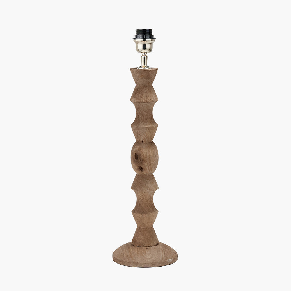 Ayra Natural Modernist Large Turned Wood Table Lamp Base with Winston 40cm White Handloom Tapered Lampshade