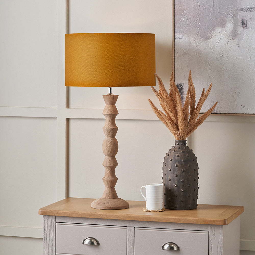 Ayra Natural Modernist Large Turned Wood Table Lamp Base with Henry 40cm Mustard Handloom Cylinder Lampshade