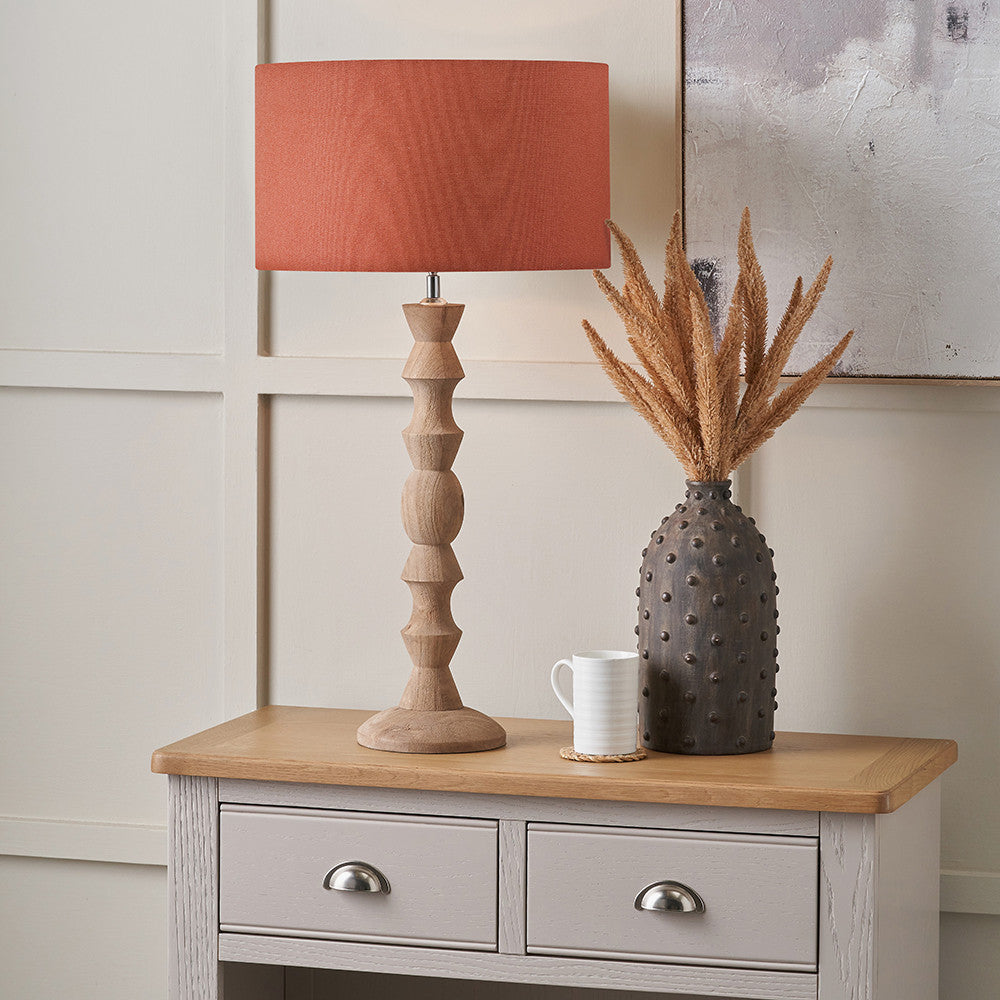 Ayra Natural Modernist Large Turned Wood Table Lamp Base with Henry 40cm Tobacco Handloom Cylinder Lampshade
