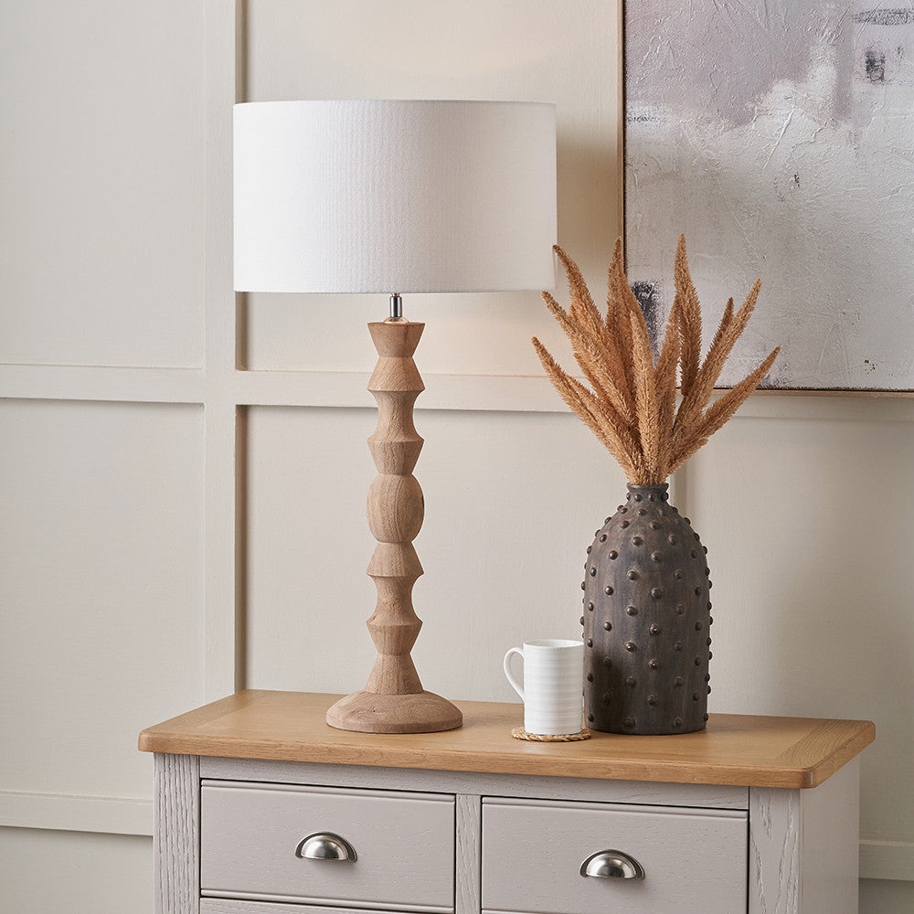 Ayra Natural Modernist Large Turned Wood Table Lamp Base with Henry 40cm White Handloom Cylinder Lampshade
