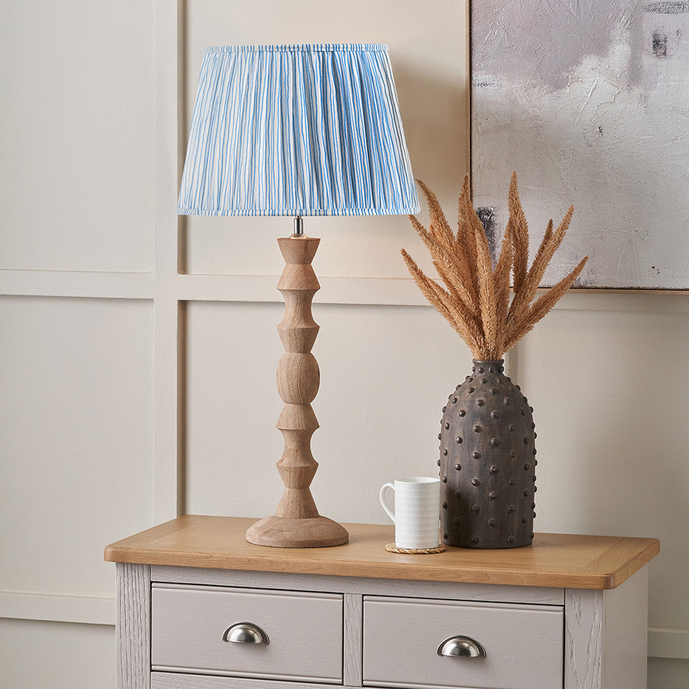 Ayra Natural Modernist Large Turned Wood Table Lamp Base with Thiago 40cm Ocean Blue Stripe Mushroom Pleat Tapered Lampshade