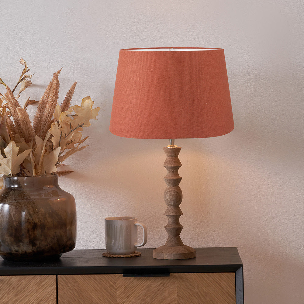 Ayra Natural Modernist Turned Wood Table Lamp Base with Winston 35cm Tobacco Handloom Tapered Lampshade