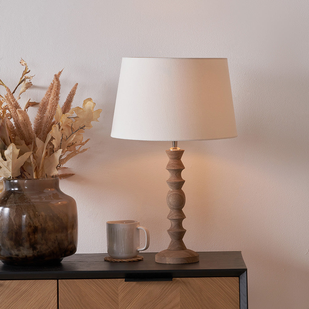 Ayra Natural Modernist Turned Wood Table Lamp Base with Winston 35cm White Handloom Tapered Lampshade