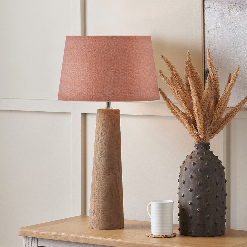 Esha Natural Conical Wood Table Lamp Base with Milos 35cm Apricot Linen Tapered Lampshade