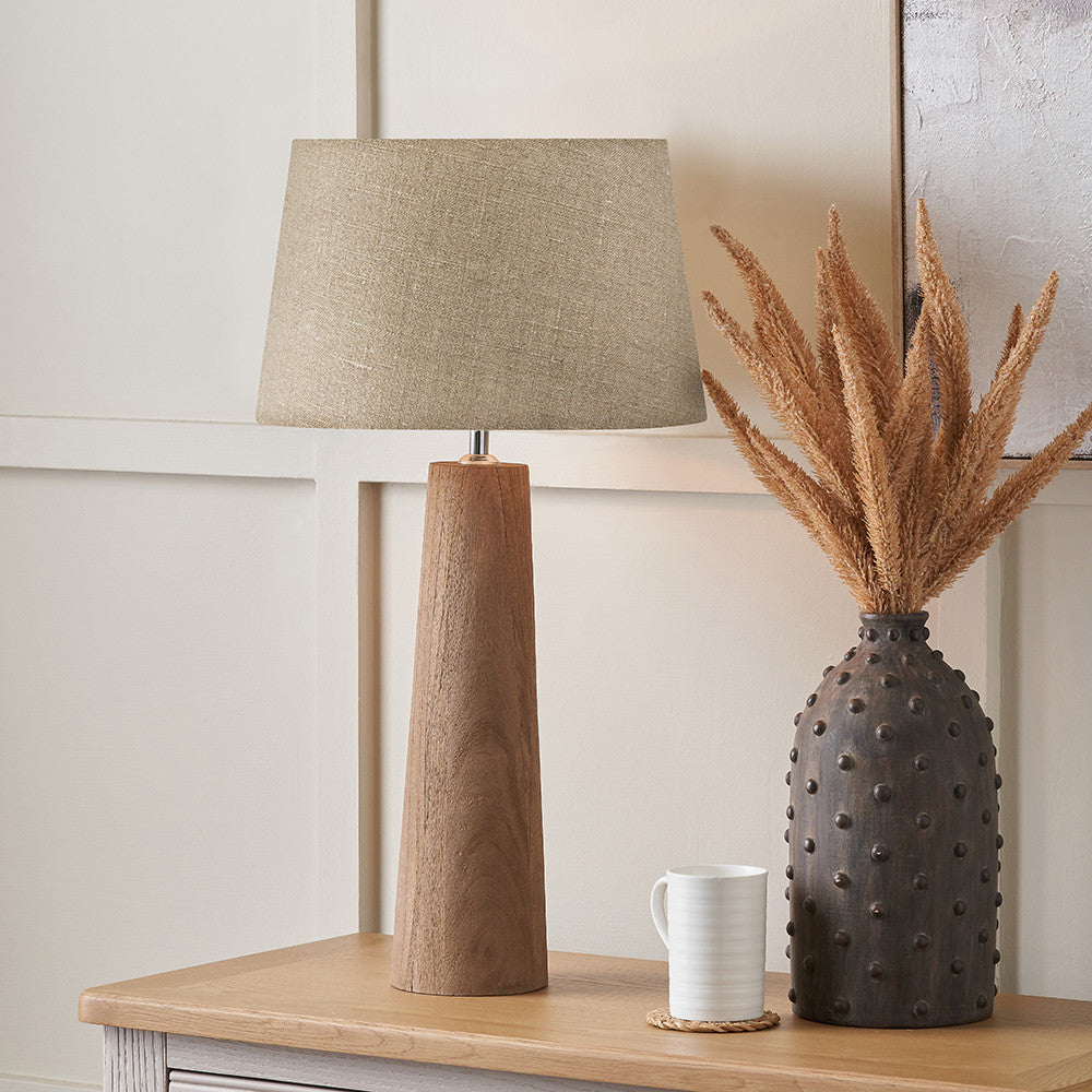 Esha Natural Conical Wood Table Lamp Base with Milos 35cm Natural Linen Tapered Lampshade