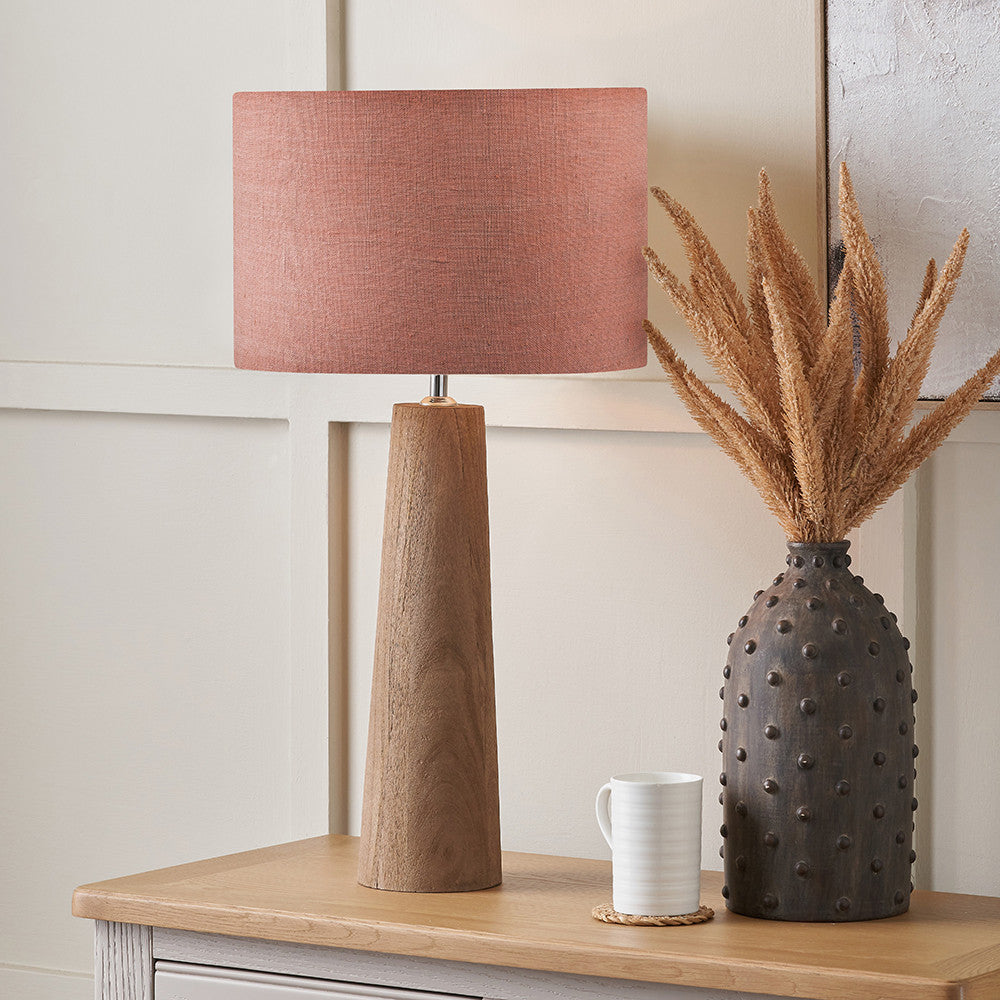 Esha Natural Conical Wood Table Lamp Base with Edward 35cm Apricot Linen Cylinder Lampshade