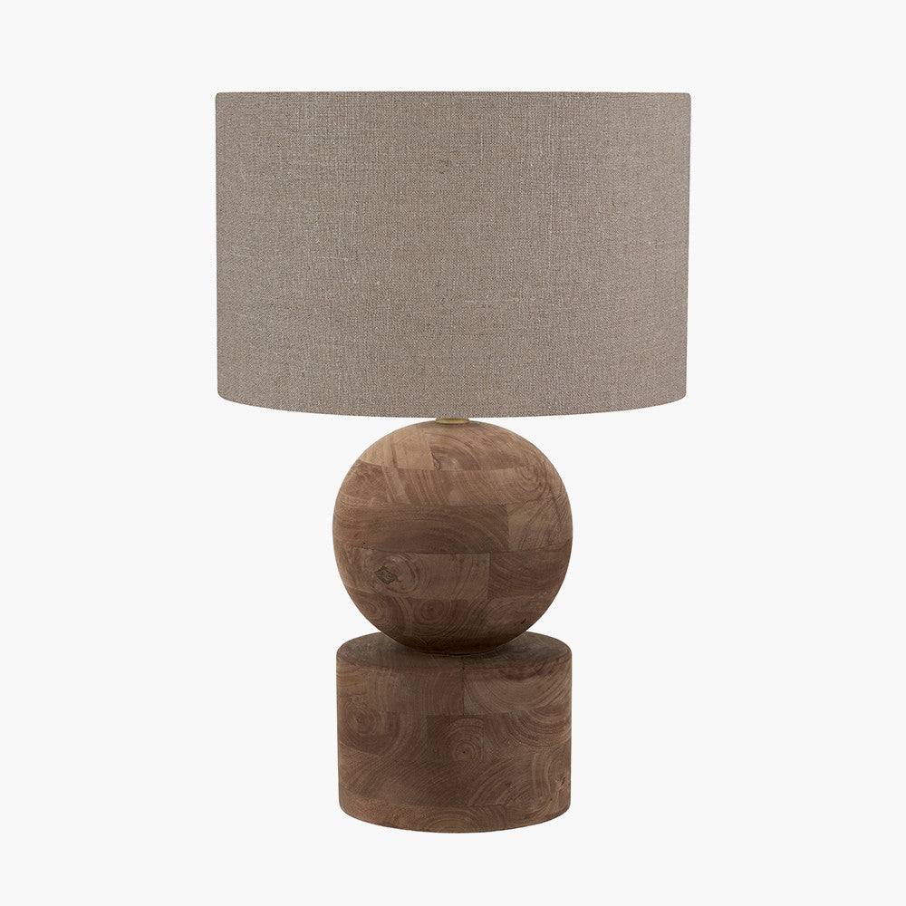 Ziva Antique Brown Round Wood Table Lamp Base with Edward 40cm Natural Linen Cylinder Lampshade