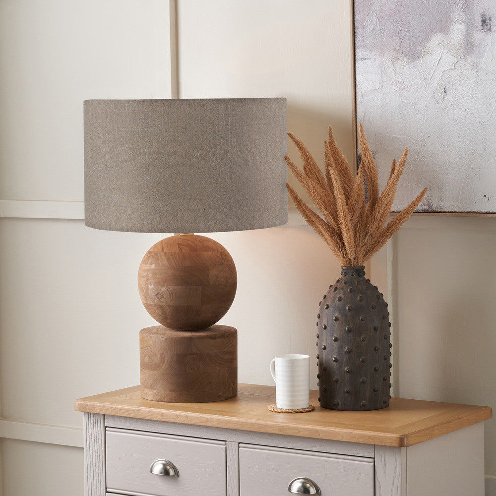 Ziva Antique Brown Round Wood Table Lamp Base with Edward 40cm Natural Linen Cylinder Lampshade