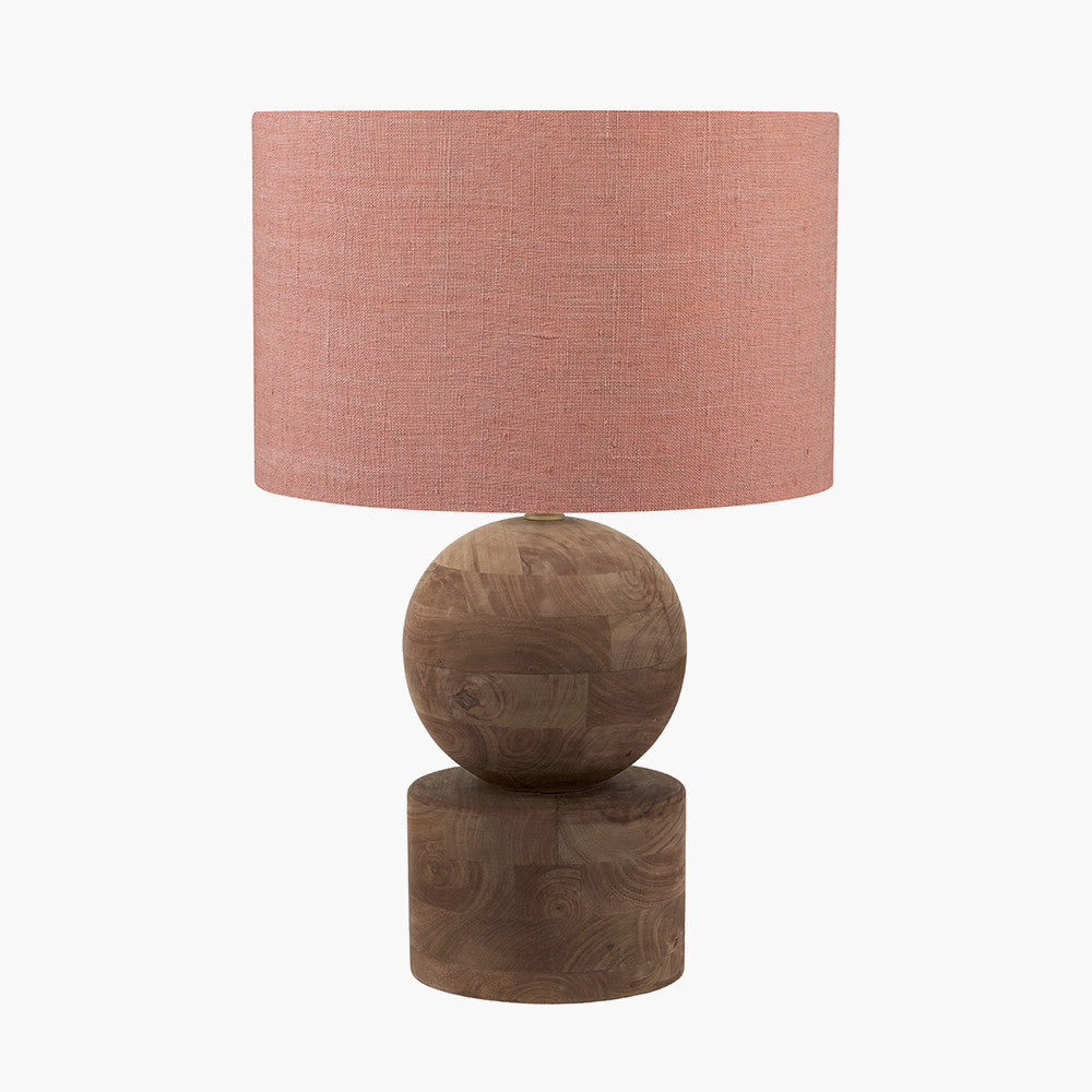 Ziva Antique Brown Round Wood Table Lamp Base with Edward 45cm Apricot Linen Cylinder Lampshade