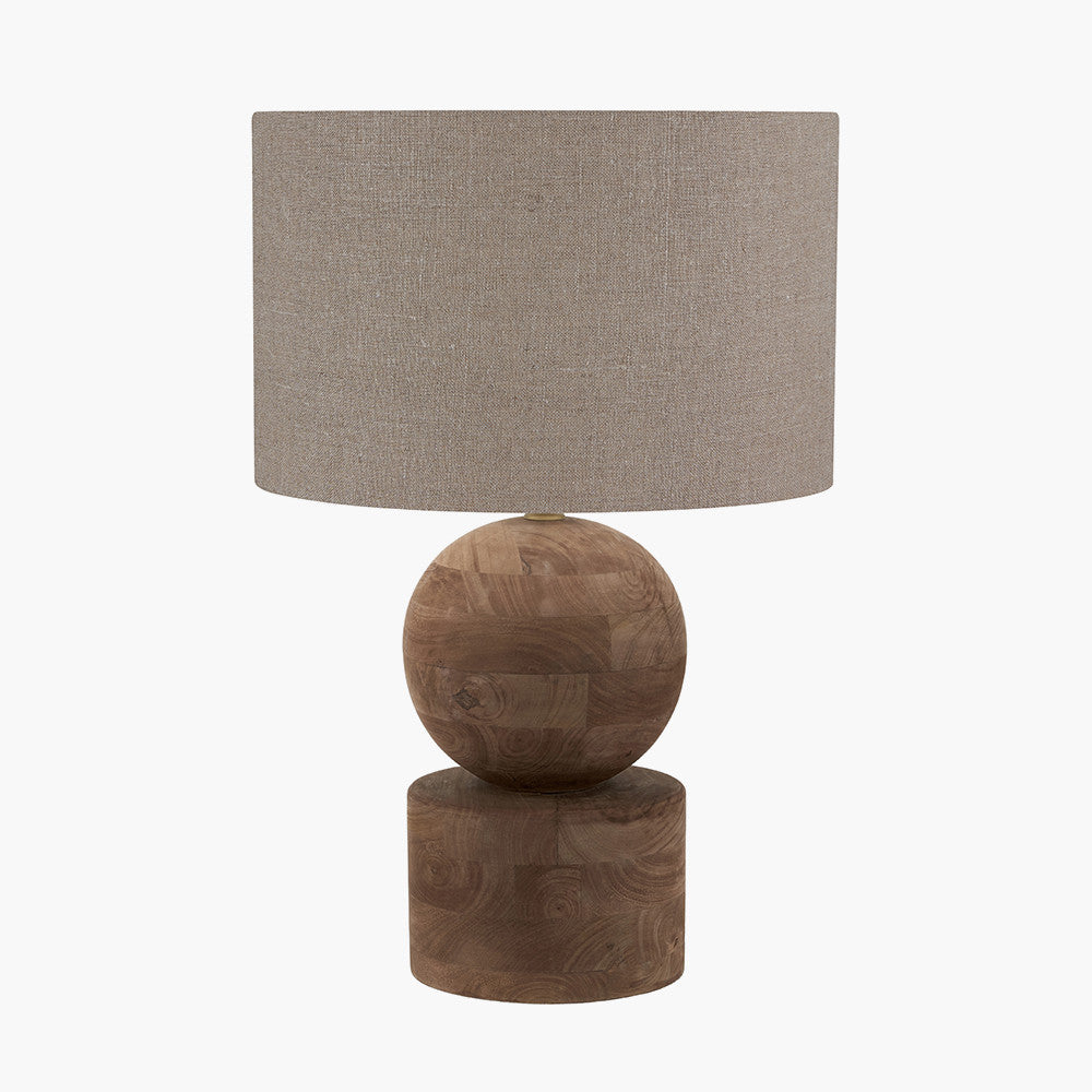 Ziva Antique Brown Round Wood Table Lamp Base with Edward 45cm Natural Linen Cylinder Lampshade