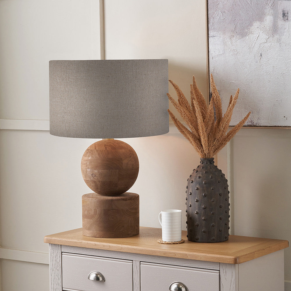Ziva Antique Brown Round Wood Table Lamp Base with Edward 45cm Natural Linen Cylinder Lampshade