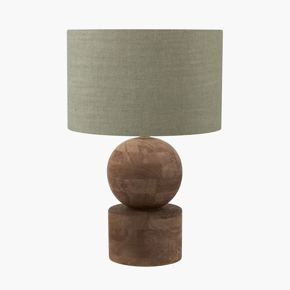 Ziva Antique Brown Round Wood Table Lamp Base with Edward 45cm Pistachio Green Linen Cylinder Lampshade
