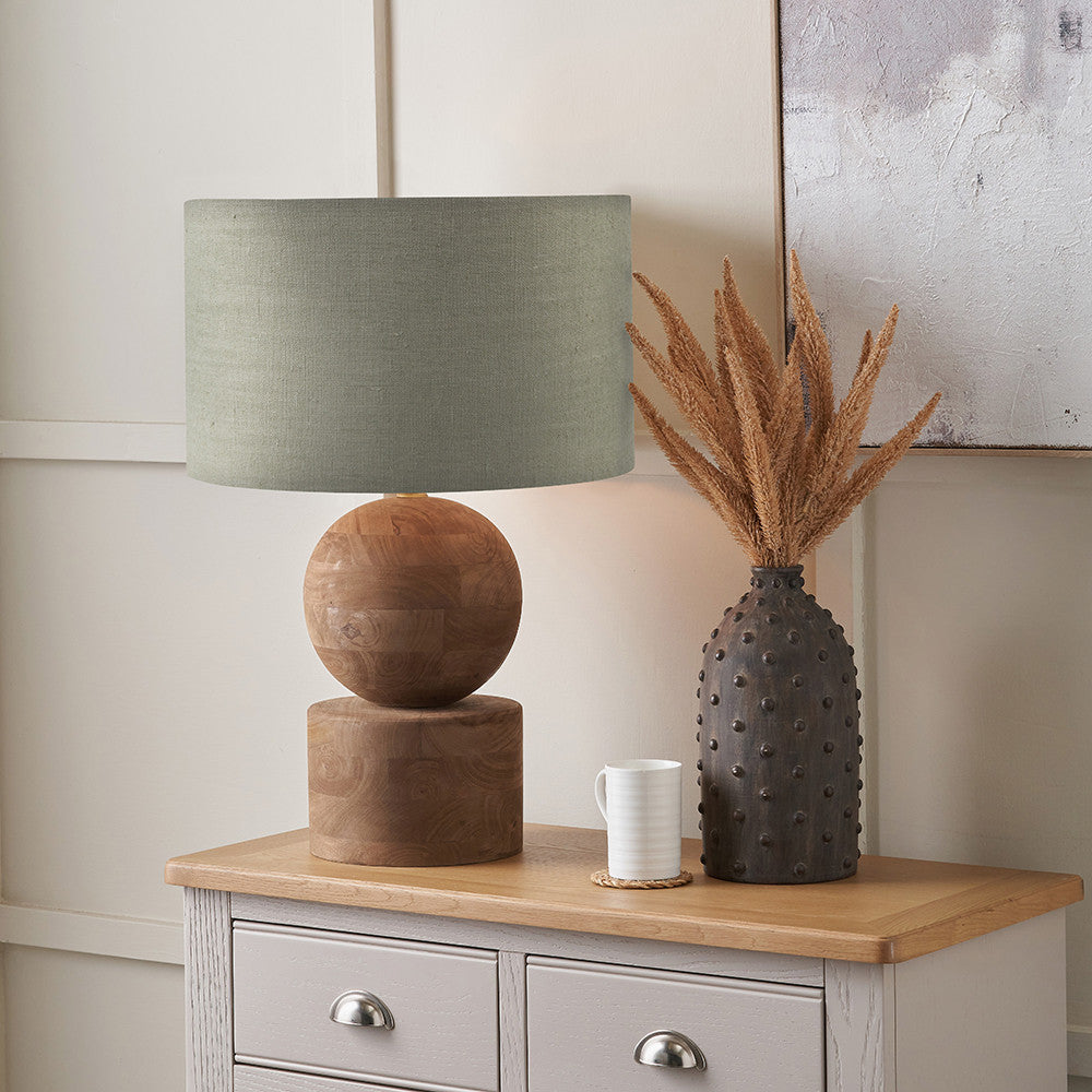 Ziva Antique Brown Round Wood Table Lamp Base with Edward 45cm Pistachio Green Linen Cylinder Lampshade