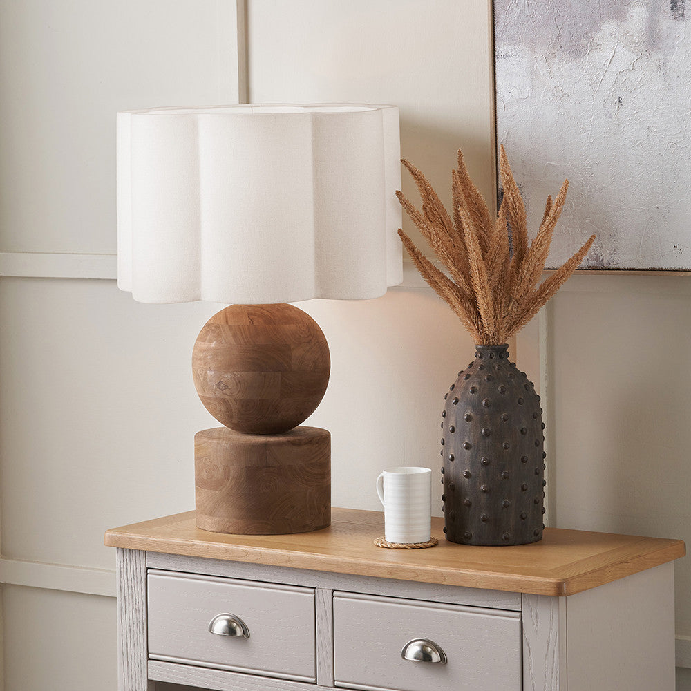 Ziva Antique Brown Round Wood Table Lamp Base with Bloom 45cm White Handloom Scalloped Cylinder Lampshade