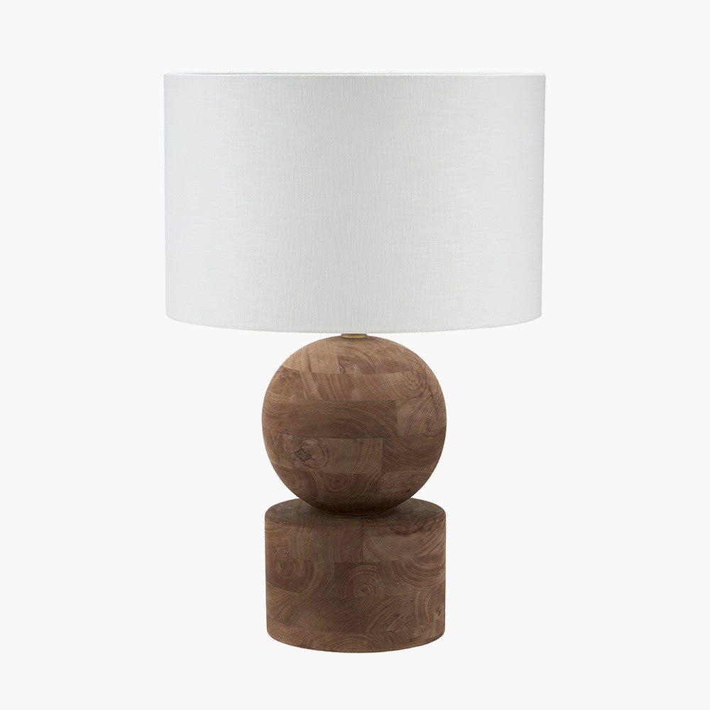 Ziva Antique Brown Round Wood Table Lamp Base with Lino 45cm White Self Lined Linen Cylinder Lampshade