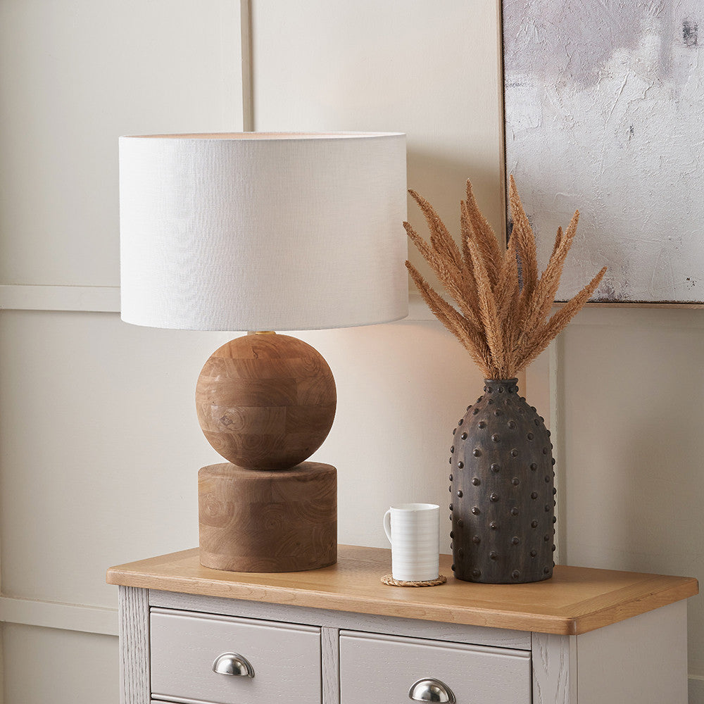 Ziva Antique Brown Round Wood Table Lamp Base with Lino 45cm White Self Lined Linen Cylinder Lampshade