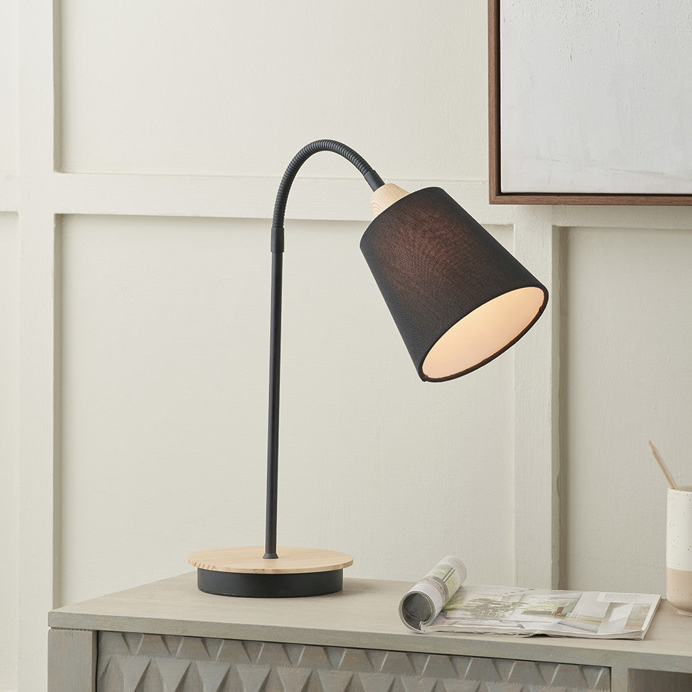 Juna Black Metal and Natural Wood Table Lamp