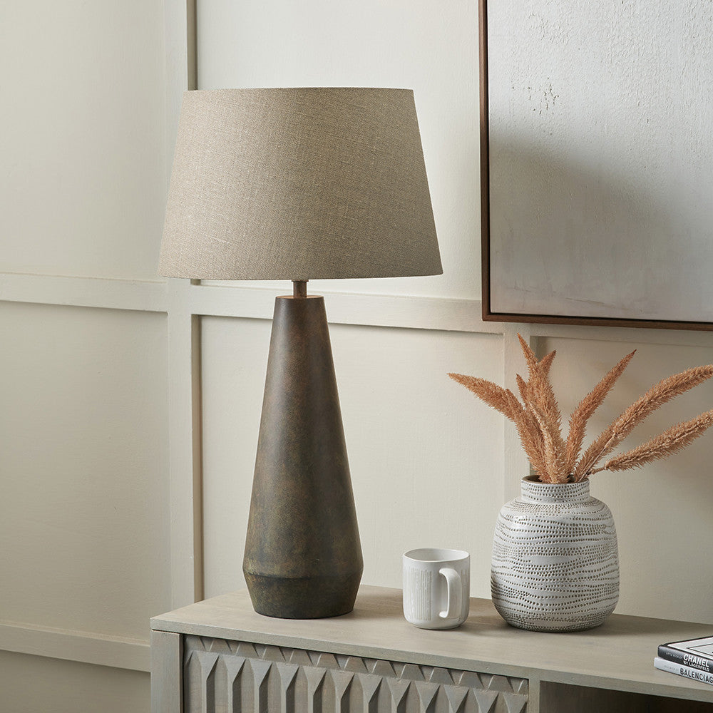 Arbor Verdi Gris Metal Conical Table Lamp Base with Milos 40cm Natural Linen Tapered Lampshade