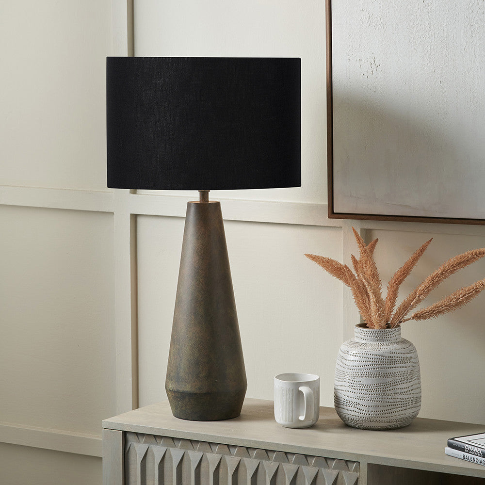 Arbor Verdi Gris Metal Conical Table Lamp Base with Lino 40cm Black Self Lined Linen Cylinder Lampshade