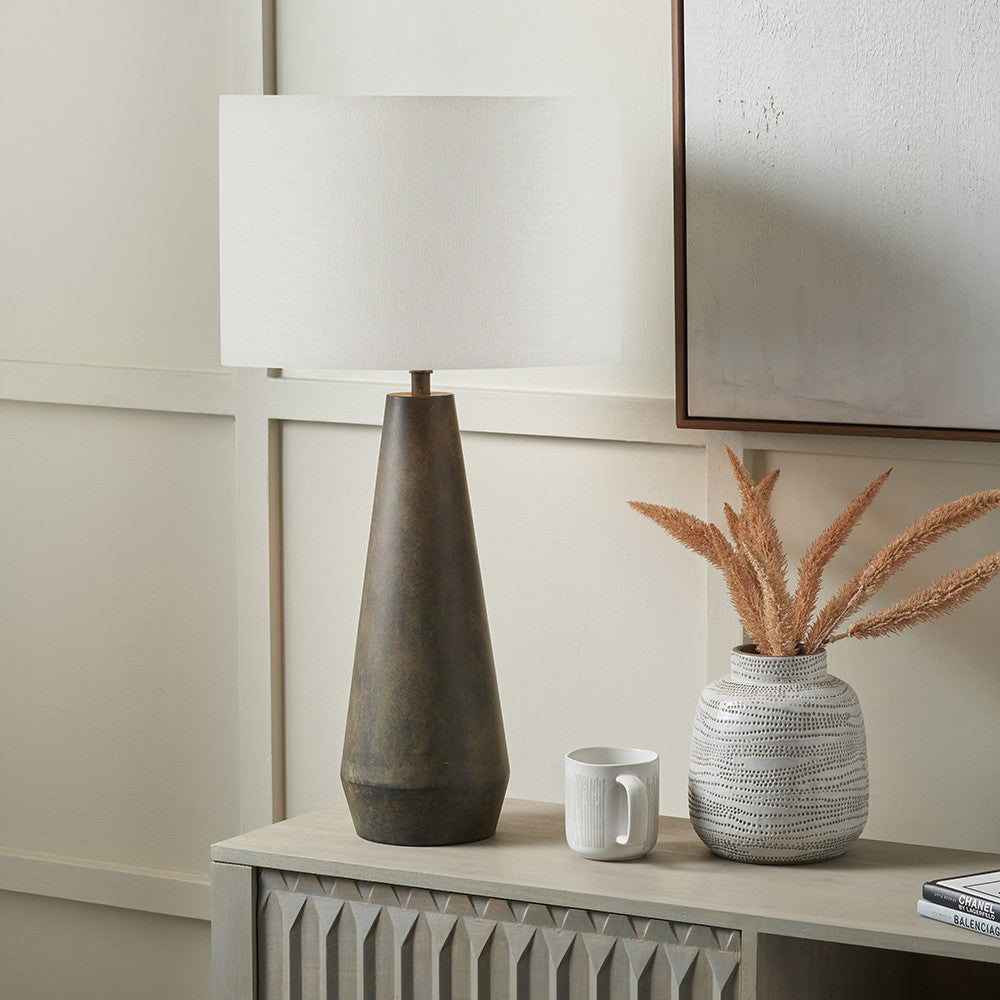 Arbor Verdi Gris Metal Conical Table Lamp Base with Lino 40cm White Self Lined Linen Cylinder Lampshade