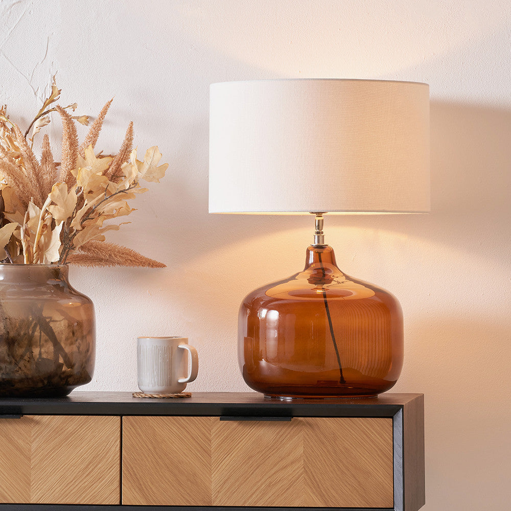 Corby Amber Glass Table Lamp Base with Henry 40cm White Handloom Cylinder Lampshade