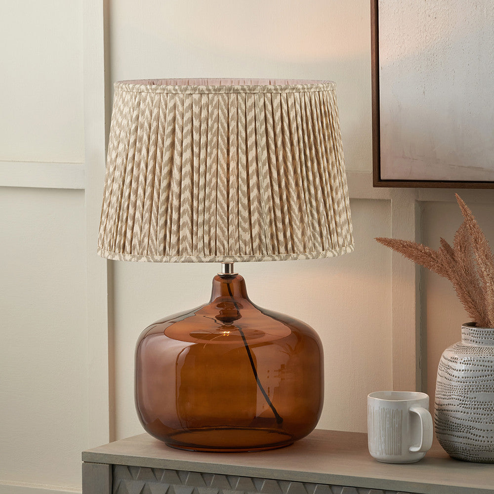 Corby Amber Glass Table Lamp Base with Vienna 40cm Taupe Chevron Mushroom Pleat Lampshade