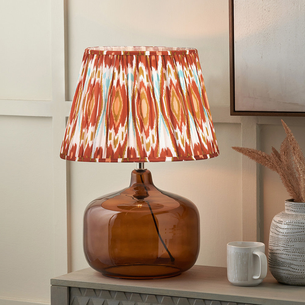 Corby Amber Glass Table Lamp Base with Izara 40cm Cinnamon Ikat Patterned Mushroom Pleat Tapered Lampshade