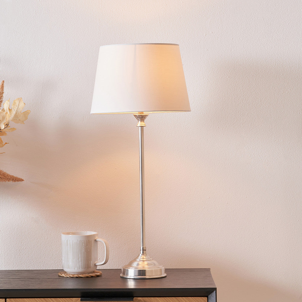 Auden Silver Metal Stick Table Lamp Base with Adelaide 25cm Ivory Tapered Cotton Mix Lampshade