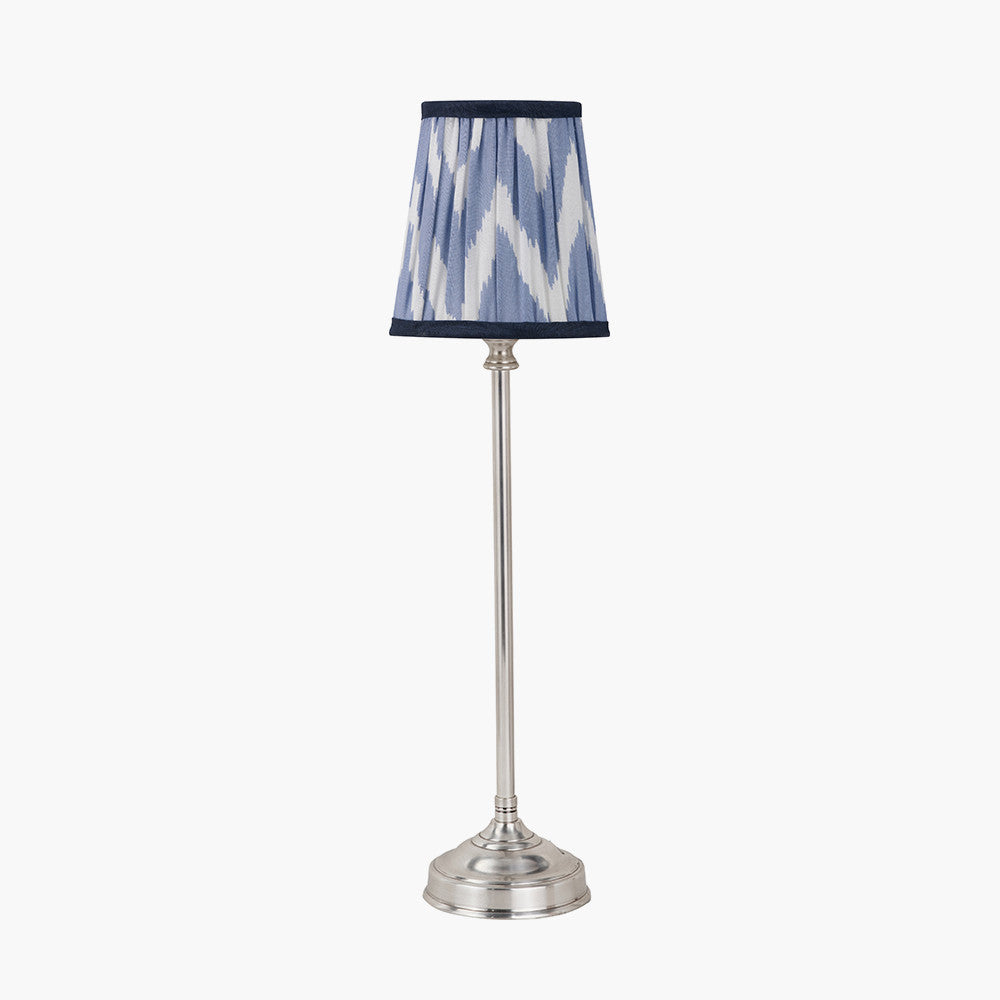 Auden Silver Metal Stick Table Lamp Base with Kamilah 14cm Blue Chevron Patterned Mushroom Pleat Tall Tapered Candle Clip Lampshade