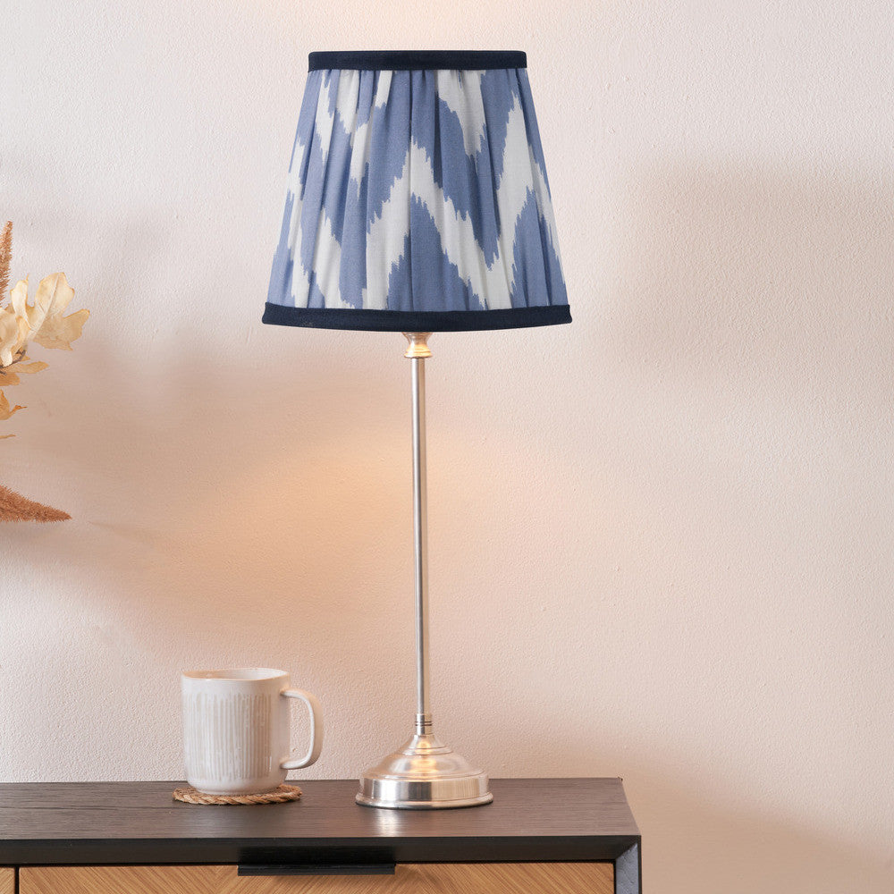 Auden Silver Metal Stick Table Lamp Base with Kamilah 14cm Blue Chevron Patterned Mushroom Pleat Tall Tapered Candle Clip Lampshade