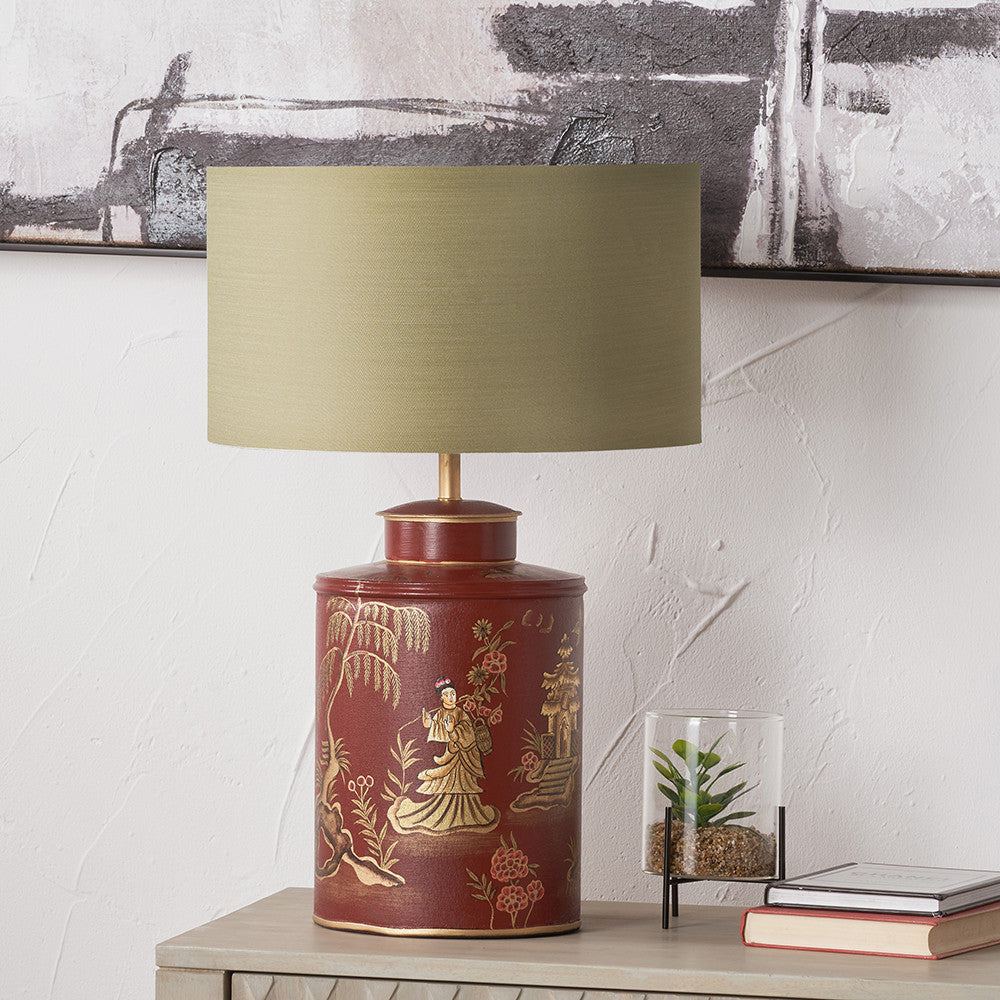 Landscape Red Hand Painted Metal Table Lamp Base with Harry 35cm Taupe Cotton Mix Cylinder Lampshade