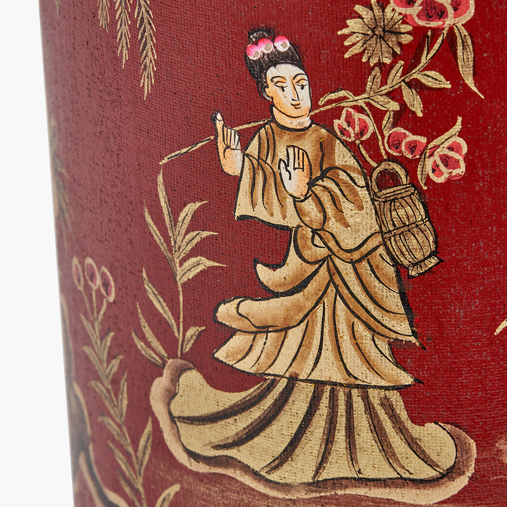 Landscape Red Hand Painted Metal Table Lamp Base with Henry 35cm Taupe Handloom Cylinder Lampshade