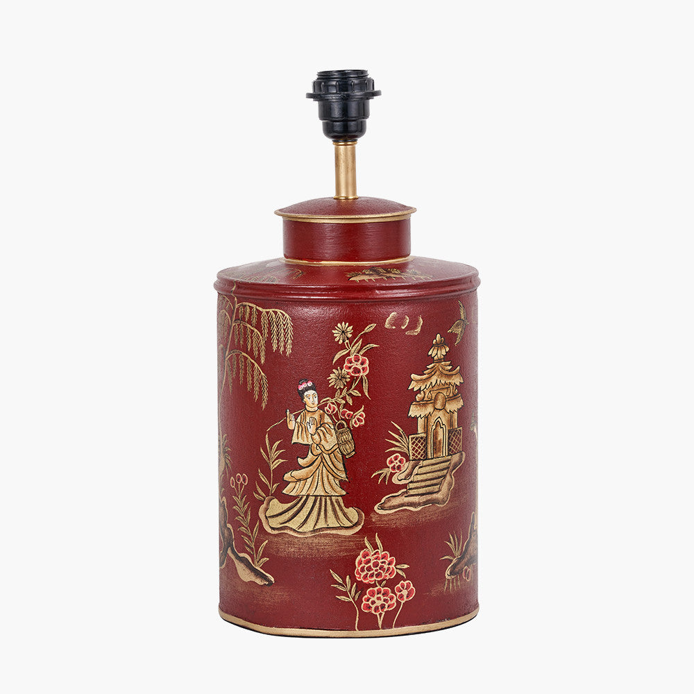 Landscape Red Hand Painted Metal Table Lamp Base with Bow 35cm Black Velvet Cylinder Lampshade