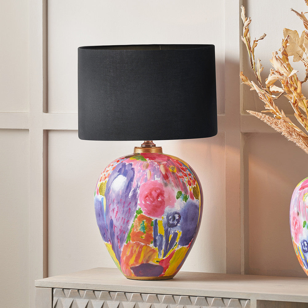 Matisse Multi Colour Ceramic Urn Table Lamp Base with Harry 40cm Black Cotton Mix Cylinder Lampshade