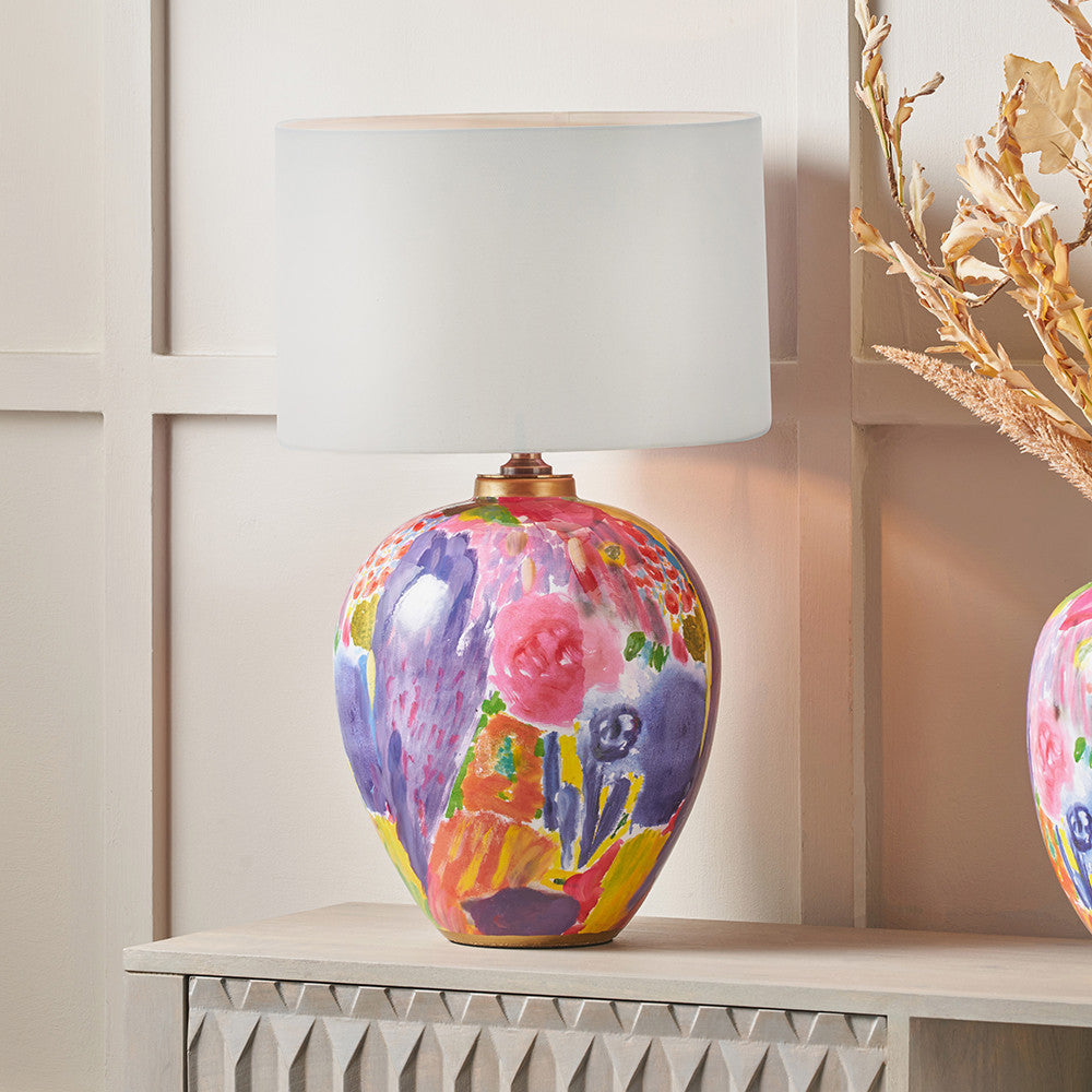 Matisse Multi Colour Ceramic Urn Table Lamp Base with Harry 40cm Ivory Cotton Mix Cylinder Lampshade