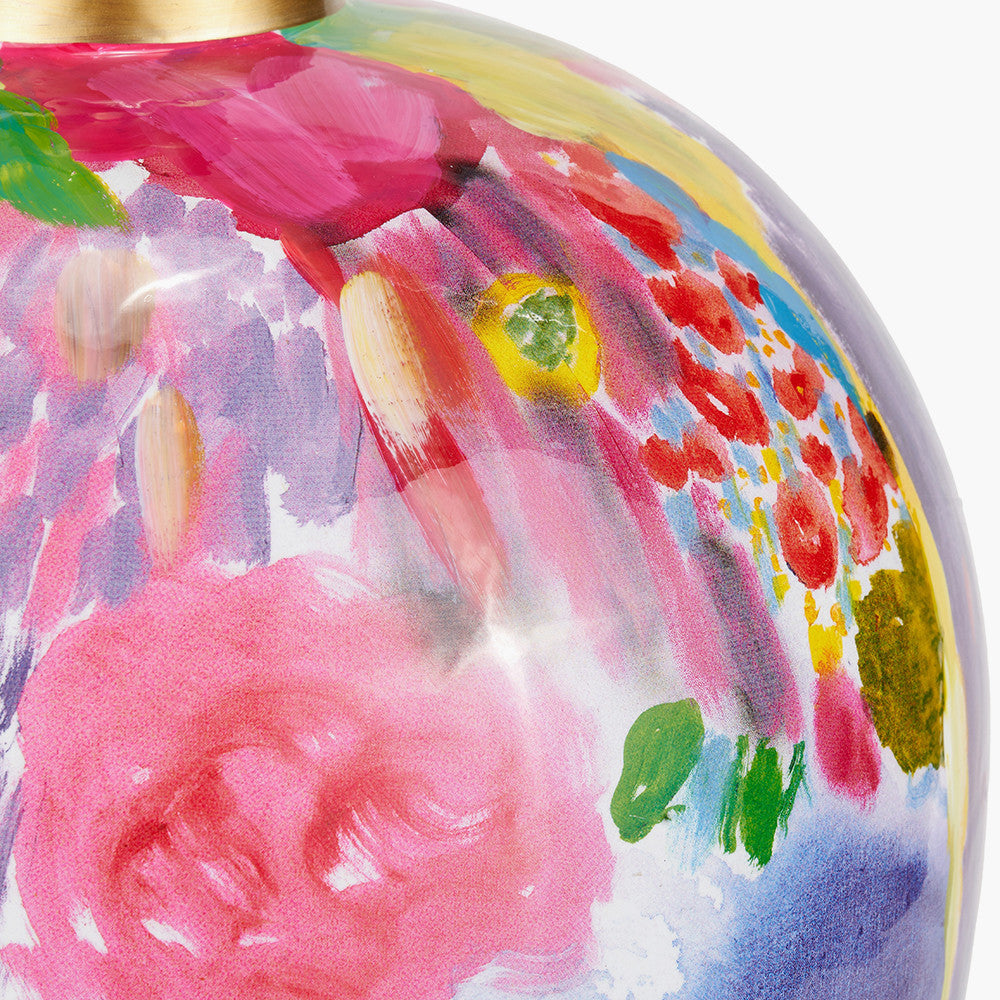 Matisse Multi Colour Ceramic Urn Table Lamp Base with Bloom 40cm White Handloom Scalloped Cylinder Lampshade