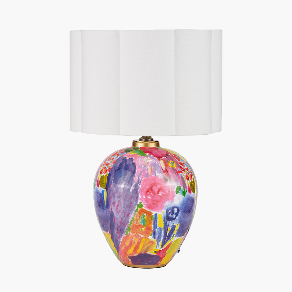 Matisse Multi Colour Ceramic Urn Table Lamp Base with Bloom 40cm White Handloom Scalloped Cylinder Lampshade