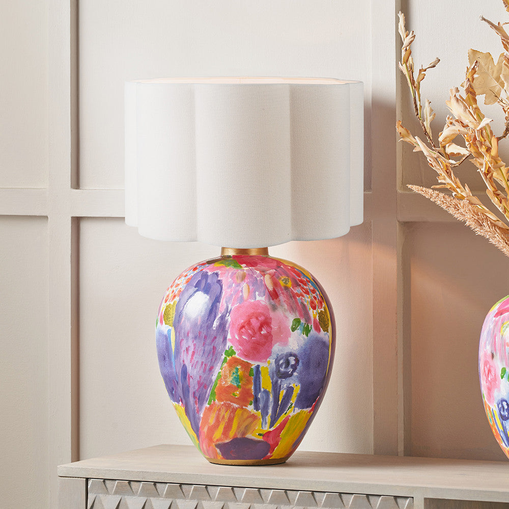 Matisse Multi Colour Ceramic Urn Table Lamp Base with Bloom 40cm White Handloom Scalloped Cylinder Lampshade