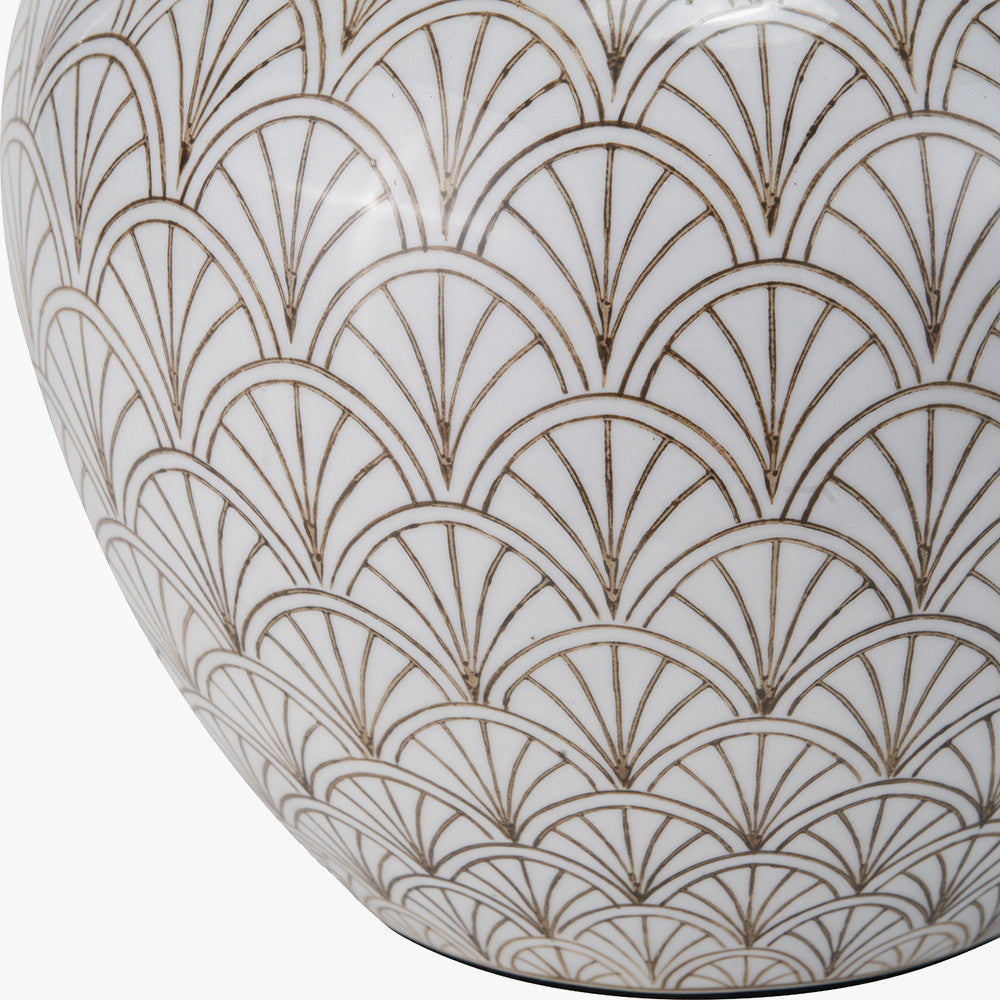 Barbier White Art Deco Fan Ceramic Table Lamp Base with Harley 45cm Slubby Hopsack Empire Lampshade